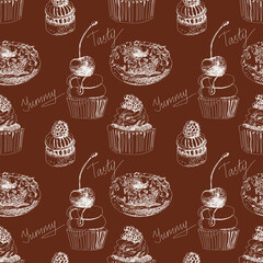 Sweet food seamless pattern with cakes, donuts, cupcakes. Pastry hand drawn illustrations. On a brown chocolate background. Texture for wallpaper, fills, wrapping paper.