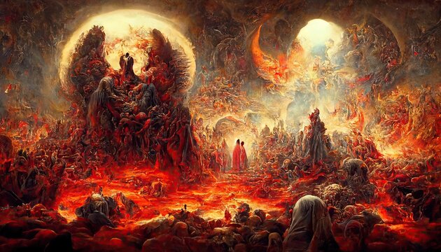hellish large group of people surrounded by flames of hell is suffering their pains and atoning for their sins. Matte painting representation of hell in the afterlife. 3D illustration halloween theme.