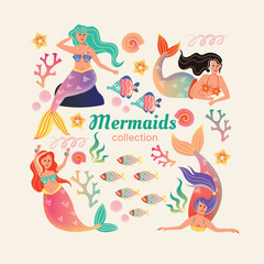 Fototapeta na wymiar illustration of a mermaid girl set 