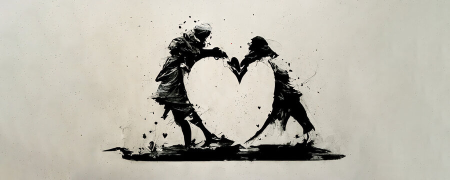 Symbolic digital artwork showing two people holding a heart together. Hardships of relationships and partnership. Strength through love and bonding. Ink stencil graffiti trendy artwork illustration.