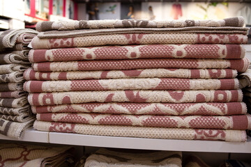 Bath towels on shelf in market, sale cotton towels, stack plain cotton towels, a shelf in the home...