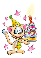 Chat cartoon anniversaire gateau