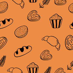 Hand drawn Bread seamless pattern in doodle style