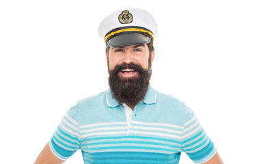 Happy guy portrait. Bearded guy smiling in captain hat. Guy sailor face with beard and moustache