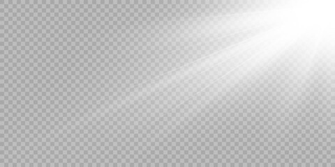 Shining sun glare rays, lens flare vector illustration. Sunlight glowing png effect. White beam sunrays sky background	