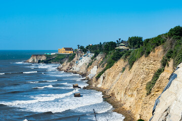 Barranquilla, Atlantico, Colombia. July 30, 2022: The Castle of San Antonio de Salgar by the sea and blue sky.