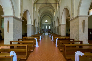 Central nave of Valvisciolo Abbey (Abbazia di Valvisciolo) Romanesque Cistercian styled church near the ancient town of Sermoneta, Lazio, Italy