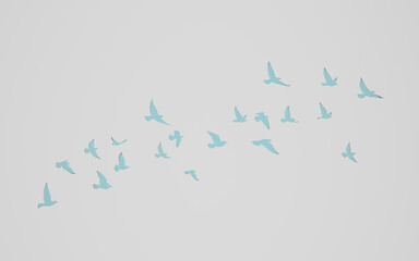 3D rendering flying birds flock silhouettes on wall cut out background. pigeon outline. symbol of freedom.