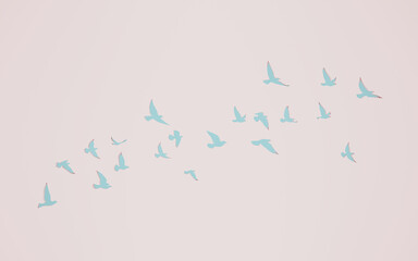 3D rendering flying birds flock silhouettes on wall cut out background. pigeon outline. symbol of freedom.