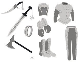 Weapon and armor game asset, one style weapons and armor equipment collection vector illustration
