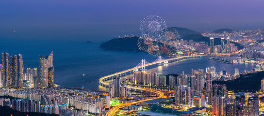 Panoramic view of Busan South Korea at night,South Korea landscape at nigh and fireworks