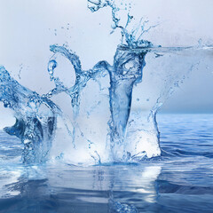Blue water splash with reflection. Liquid splashing, ripple and wave forming. symbol of freshness, nature, clean. Render