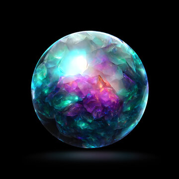 Green and purple glass globe with crystals. Abstract crystal ball, Magic and psychic power. Mysterious magical orb.  Isolated on black background. Render