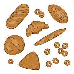 Bakery set. Wheat flour baked goods. Bakery and confectionery. Healthy food. Vector isolated art illustration isolated on a white background. Hand drawn sketch