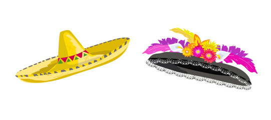 Mexican hats. Sombrero for men and Catrina type hat for women. Traditional wear on the Day of the Dead