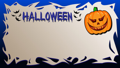 Halloween illustration with pumpkin Jack-o-Lantern, bats and background frame