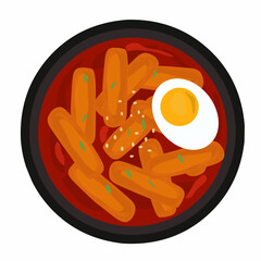 Tteokbokki or Topokki , stir fried rice cake stick, popular Korean street food with spicy gochujang sauce and sesame seed. 

