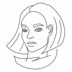 Girl's face with short haircut, linear drawing, black outline on the white background, monochrome, coloring