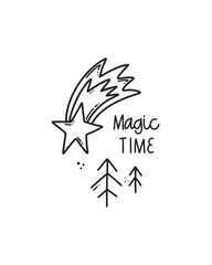 Black outline cute minimalistic illustration of Christmas greeting card with lettering quote, colorful star, xmas tree and decorations. Doodle vector winter drawing isolated on white background.