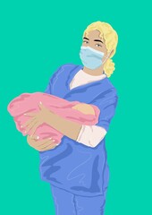 Midwife nurse holding newborn baby