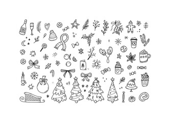 Black outline Christmas doodle set. Hand Drawn new year collection, xmas tree, sweets. Winter design doodle elements in line art style. Vector illustration isolated on white background.