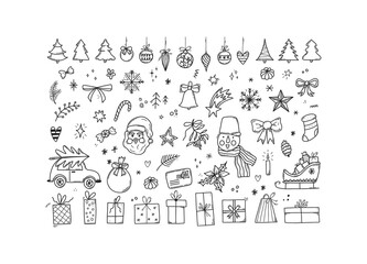 Fototapeta premium Black outline set of Christmas doodle. Hand Drawn new year collection. Winter design doodle elements in line art style. Vector illustration isolated on white background.