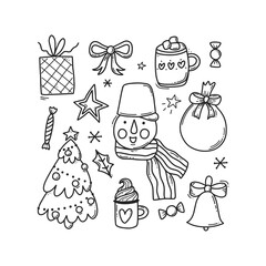 Christmas doodle set. Hand drawn new year collection, xmas tree, snowman, drinks, gift, sweets, snowflakes. Black outline winter design elements in line style. Vector illustration.