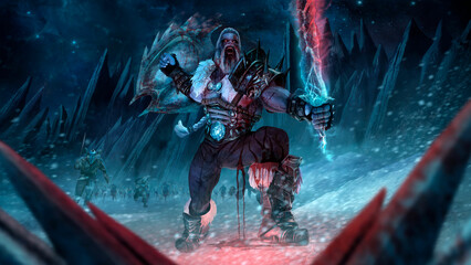 A dark fantasy character, a bloodied berserk with red eyes furiously calls the army to attack. Brutal warrior with a large ice sword and a shield in armor stands on a frozen river among sharp rocks.