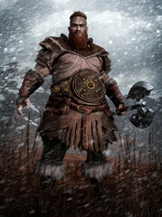 A large, strong Viking with a red beard in leather armor with a silver ax in his hand. A brutal northern warrior with a big belt on his belly stands in the mountains under the snow, 3d illustration.