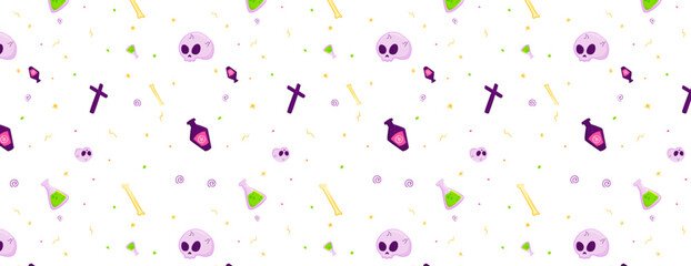 Halloween pattern seamless on white background, skull, flask, bone, cross