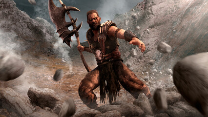 Mountain warrior, barbarian in leather armor with a large ax in his hand among falling stones and rocks. Brutal fantasy character, strong hunter with with a scar on his face and beard, 3d illustration