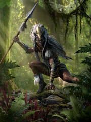Fantasy character, a mysterious Amazon in clothes and a headdress made of skin and feathers with a golden skull on her head. Woman warrior, hunter with a spear in hand in the jungle, 3d illustration.