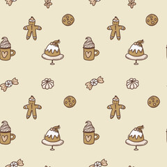 Cartoon seamless pattern of colorful christmas sweets, cake, candy, gingerbread and decorations on beige background. Vector hand drawn doodle style. Happy winter. Boho color.