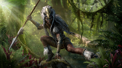 Woman warrior, a mysterious hunter with a spear in hand in the jungle. Fantasy character, Amazon in clothes and a headdress made of skin and feathers with a golden skull on her head, 3d illustration.