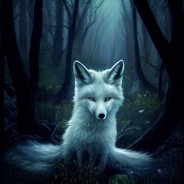 White wolf  in a dark forest