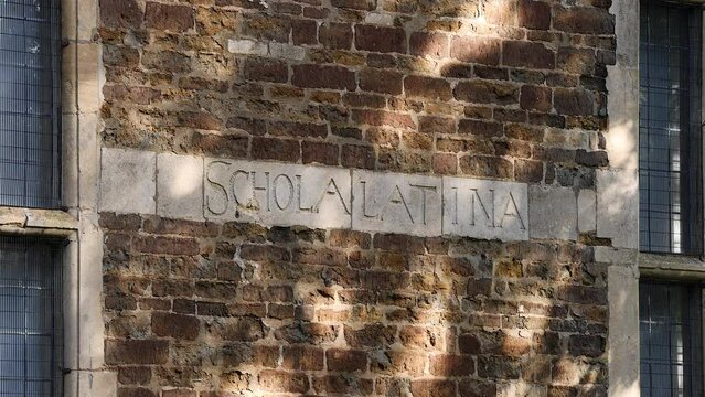 Schola latina, latin school sign in dappled light