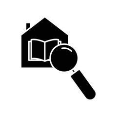 House and book glyph icon illustration with search. icon illustration related to library, education. Simple vector design editable.