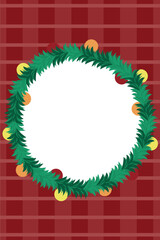 New Year round frame. Checkered red background. Branches of a green Christmas tree with yellow, red, orange balls. Vertical banner, flyer. Design for advertising.