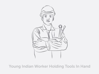 Young Indian Worker Holding Tools In Hand