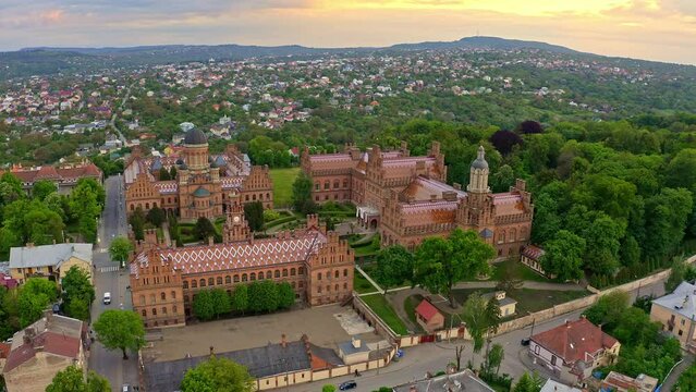 Aerial view of Chernivtsi National University / Residence of Bukovynian Metropolitans (so-called Ukrainian Hogwarts) in Chernivtsi, Ukraine