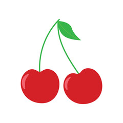 Red cherries with stems on a white background.