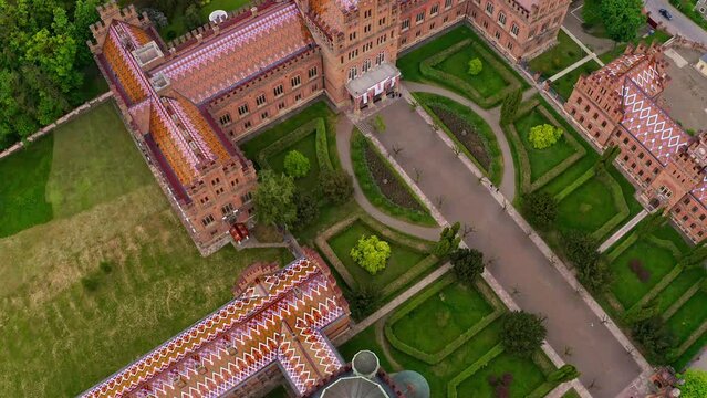 Aerial view of Chernivtsi National University / Residence of Bukovynian Metropolitans (so-called Ukrainian Hogwarts) in Chernivtsi, Ukraine