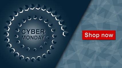 Cyber monday HD banner with inscription, red button and geometric pattern on dark blue background. Shop now text, layered minimal design. Vector backdrop for web advertising, shares, promotion.