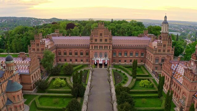 Aerial view of Chernivtsi National University / Residence of Bukovynian Metropolitans (so-called Ukrainian Hogwarts) in Chernivtsi, Ukraine