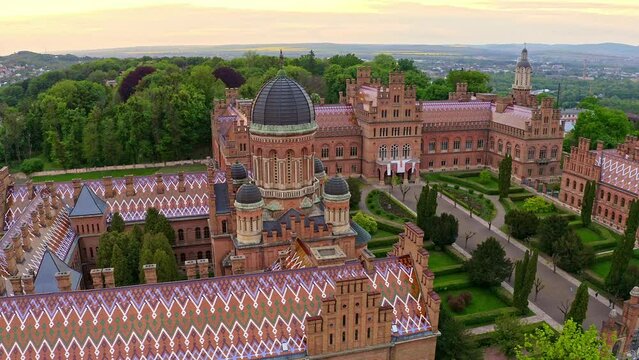 Aerial view of Chernivtsi National University / Residence of Bukovynian Metropolitans (so-called Ukrainian Hogwarts) in Chernivtsi, Ukraine