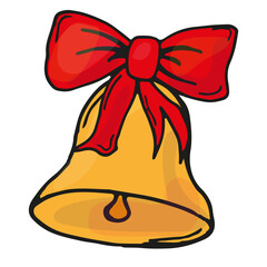 Yellow bell with red bow, hand-drawn, decorations for Christmas and New Year