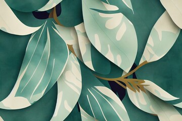 turquoise and green tropical leaves. Seamless graphic design with amazing palms. Fashion, interior, wrapping, packaging suitable. Realistic palm leaves.