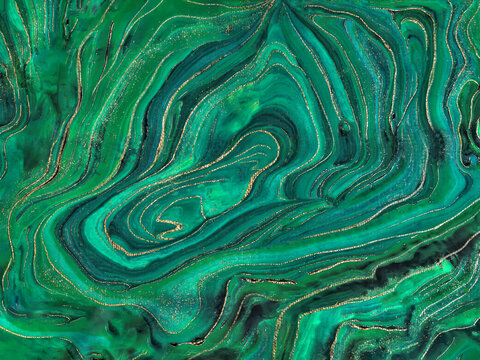Green marble and gold abstract background texture, acrylic paint. Agate stone wallpaper print design with natural mineral texture
