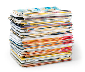 Pile of newspapers on white background