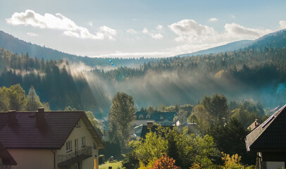 Sunny morning in the Bieszczady Mountains in autumn.